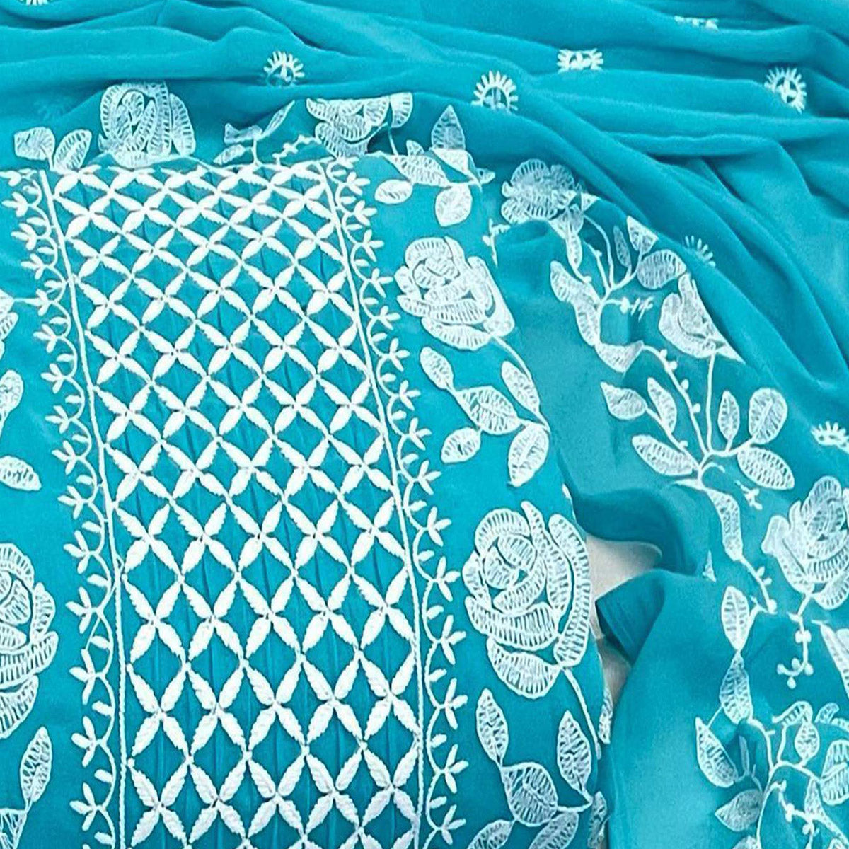 Turquoise Floral Embroidered Georgette Dress Material
