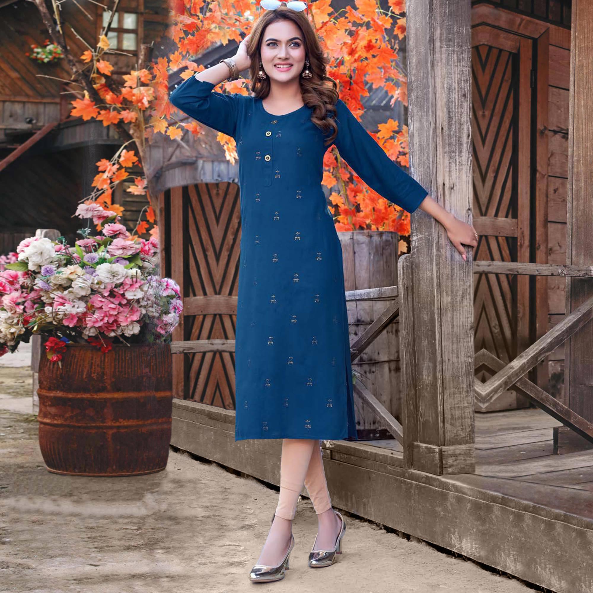 Blue Sequins Embroidered Rayon Kurti - Image 1