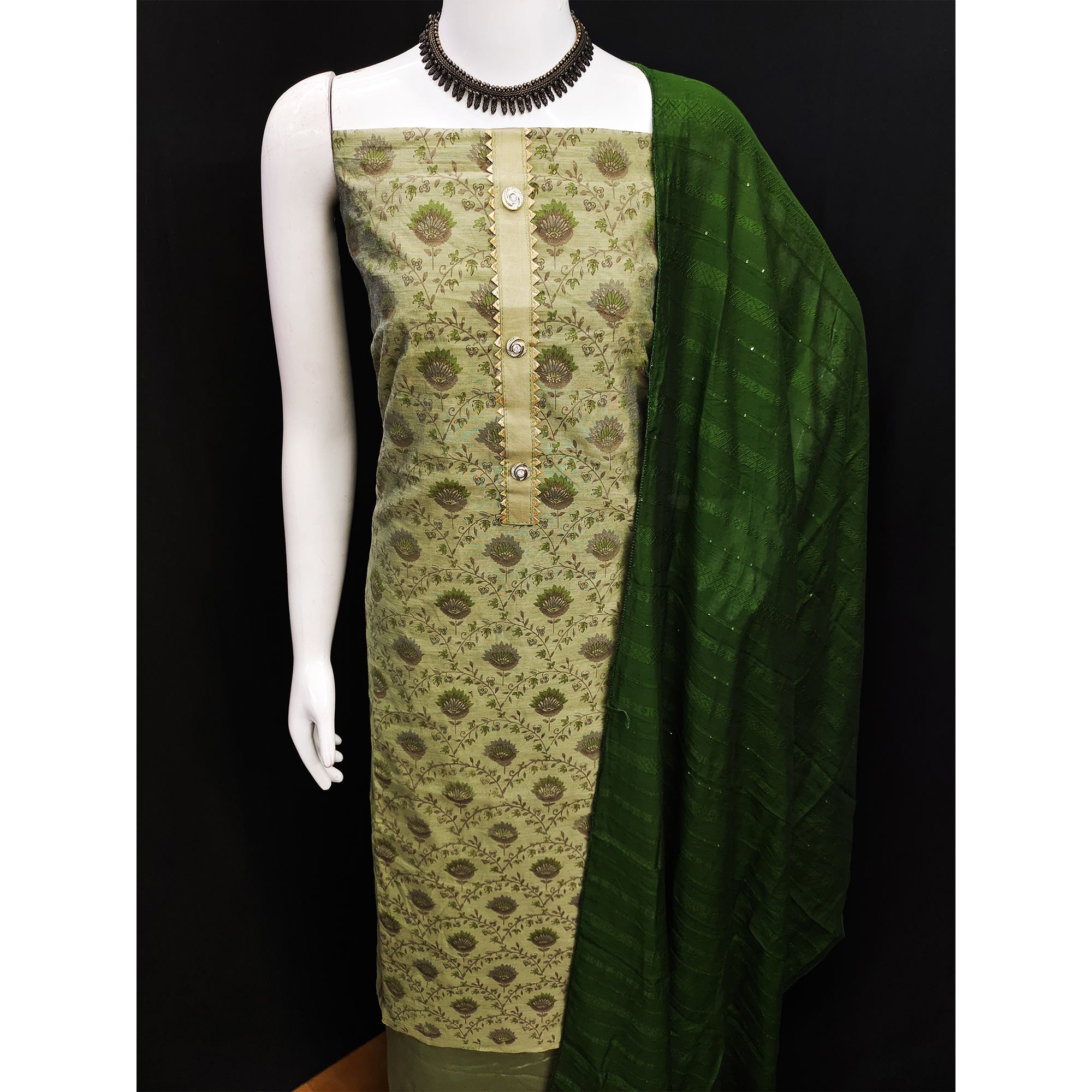 Green Floral Printed Chanderi Dress Material