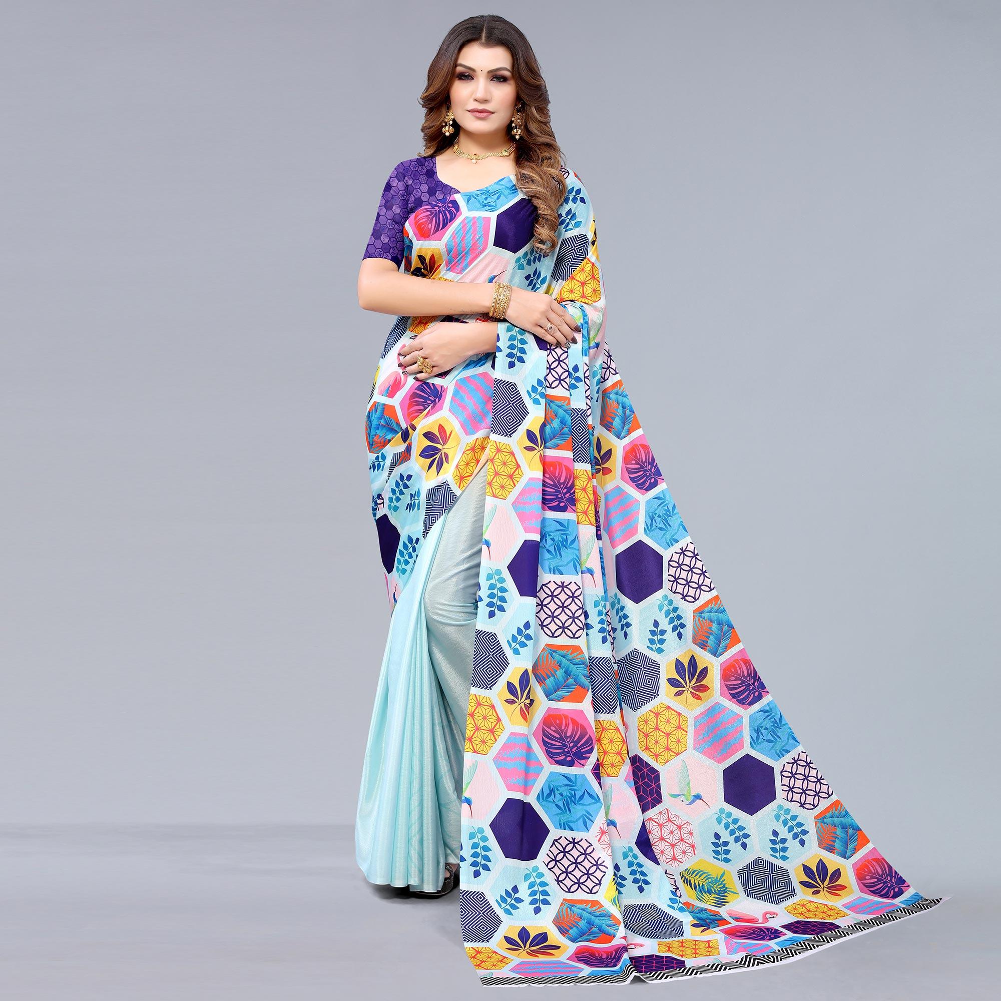Light Blue Floral Printed Chiffon Half and Half Saree - Image 2