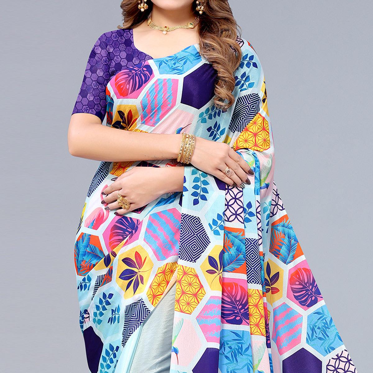Light Blue Floral Printed Chiffon Half and Half Saree - Image 3