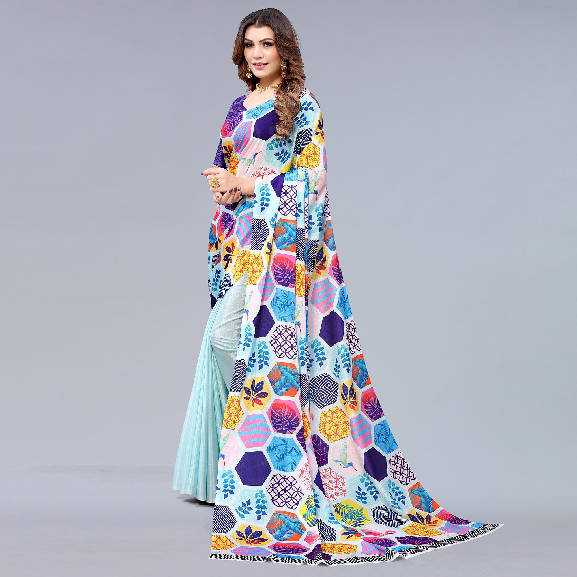 Light Blue Floral Printed Chiffon Half and Half Saree - Image 4