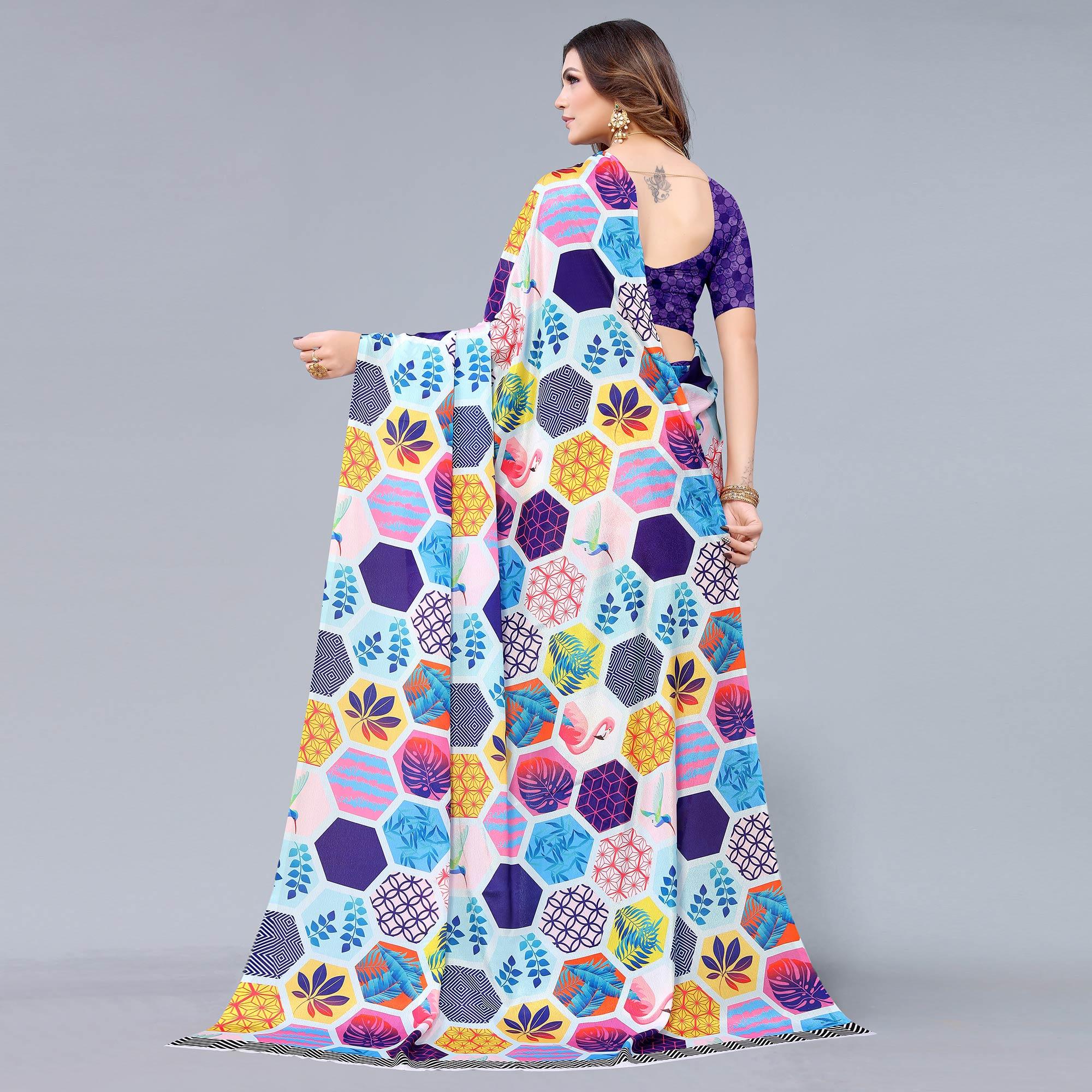 Light Blue Floral Printed Chiffon Half and Half Saree - Image 6