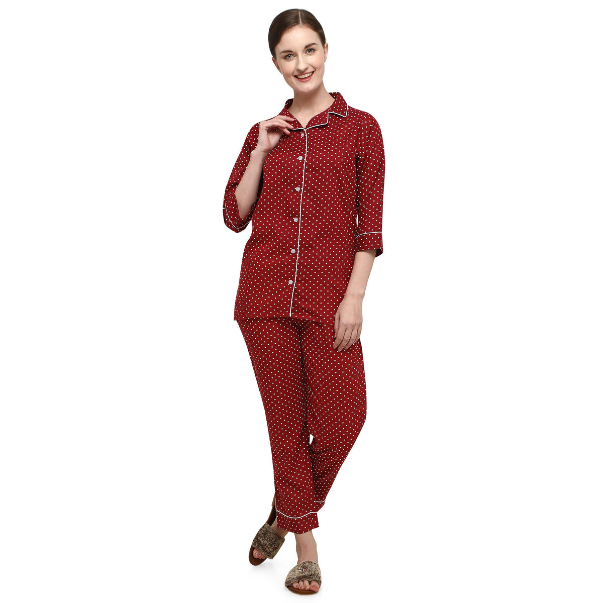 Maroon Casual Wear Printed Rayon Night Suit - Image 1