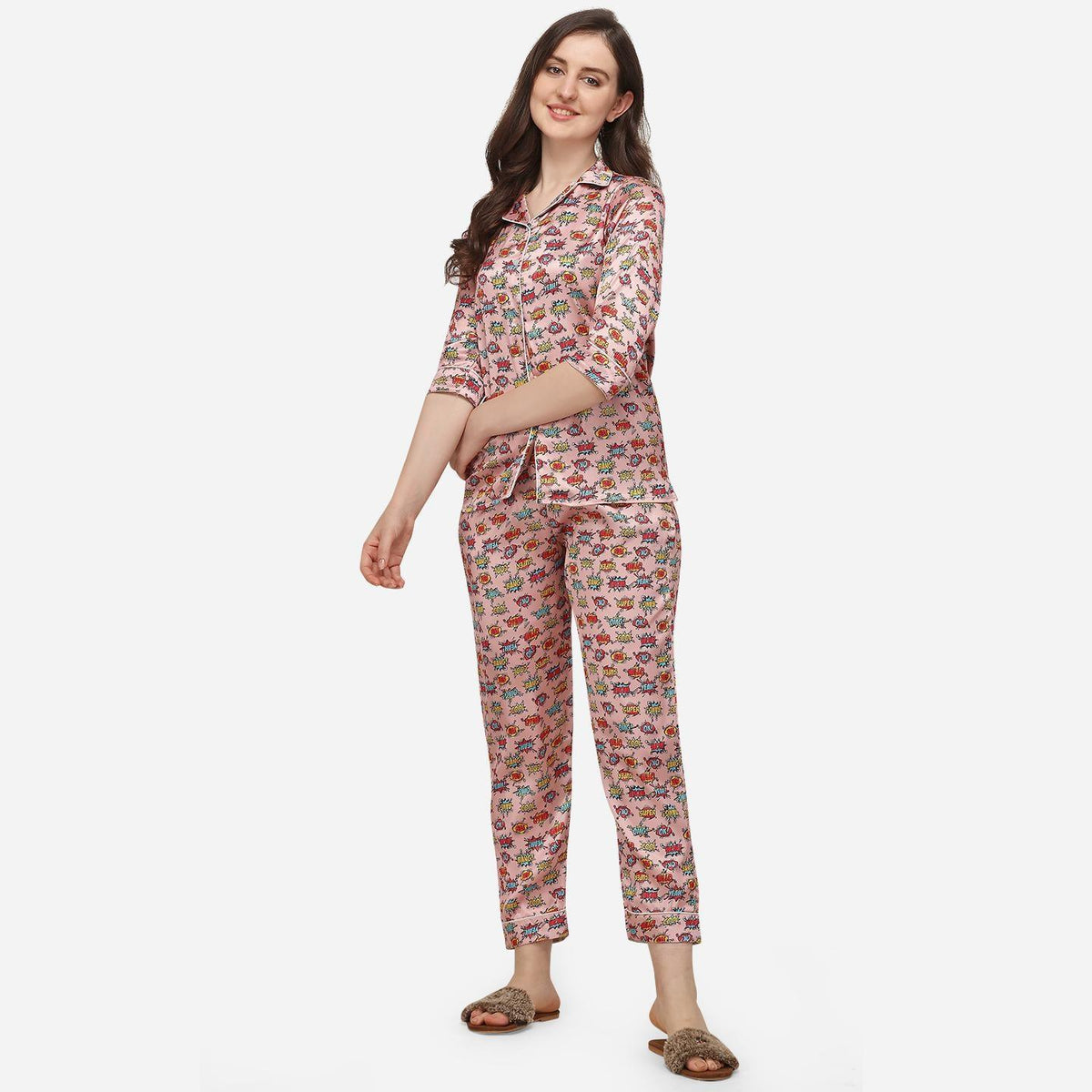 Peach Casual Wear Digital Printed Satin Night Suit - Image 1
