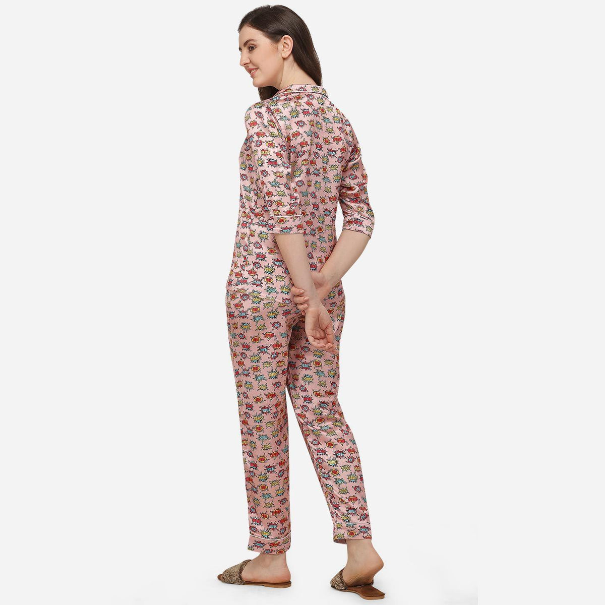 Peach Casual Wear Digital Printed Satin Night Suit - Image 4