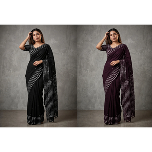 Peachmode Black and Wine Vidya Mirror Work Saree Duo