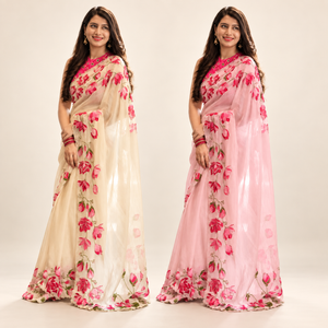 Peachmode Cream & Pink Fendy Silk Handwork Saree Duo - Pack of 2 — two-model combo