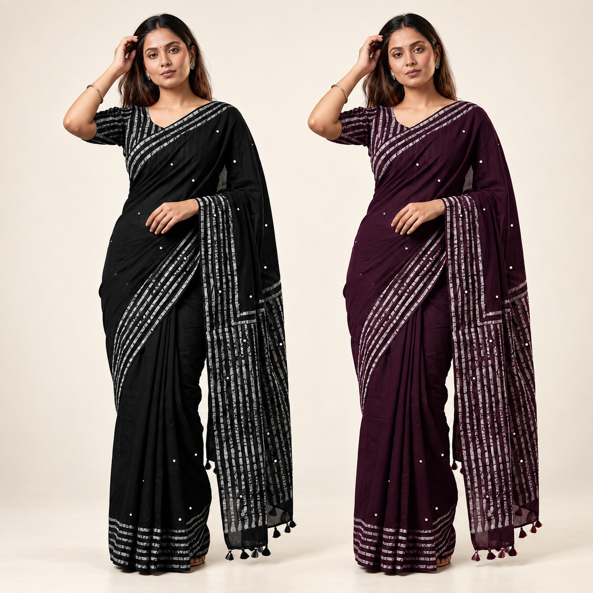 Peachmode Black & Wine Vidya Mirror Work Saree Duo - Pack of 2 — two-model combo