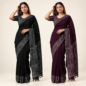 Peachmode Black & Wine Vidya Mirror Work Saree Duo - Pack of 2 — two-model combo