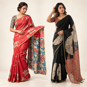 Peachmode Peach & Black Abstract Linen Saree Duo - Pack of 2 — two-model combo