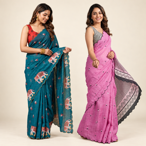 Peachmode Teal & Pink Printed Linen Saree Duo - Pack of 2 — two-model combo