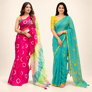 Peachmode Pink & Green Everyday Linen Saree Duo - Pack of 2 — two-model combo