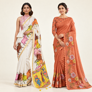 Peachmode Cream Folk Art & Orange Floral Linen Saree Duo - Pack of 2 — two-model combo