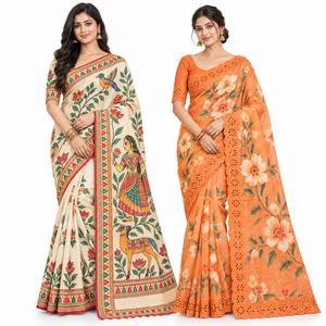 Peachmode Cream Art and Orange Floral Linen Saree Duo
