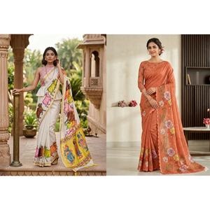 Peachmode Cream Folk Art and Orange Floral Linen Saree Duo