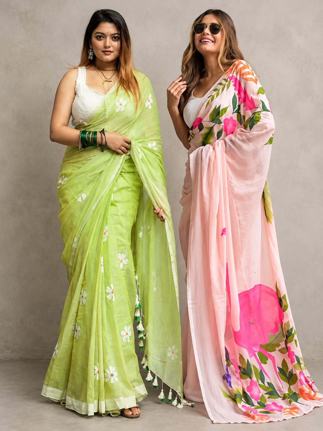 Peachmode Floral Linen Duo - Sarees (Pack of 2) — both products together in one studio