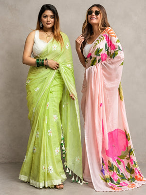 Peachmode Floral Linen Duo - Sarees (Pack of 2) — both products together in one studio