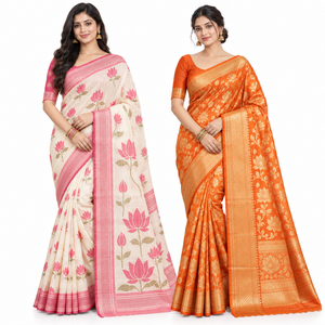 Peachmode Offwhite Jamdani and Orange Banarasi Festive Saree Duo