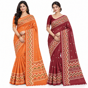 Peachmode Orange and Wine Zigzag Mirror Saree Duo