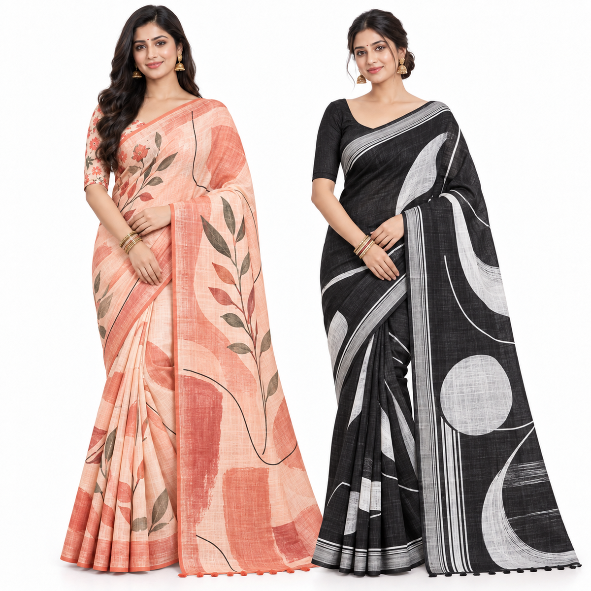 Peachmode Peach and Black Abstract Linen Saree Duo