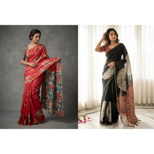 Peachmode Peach and Black Abstract Linen Saree Duo