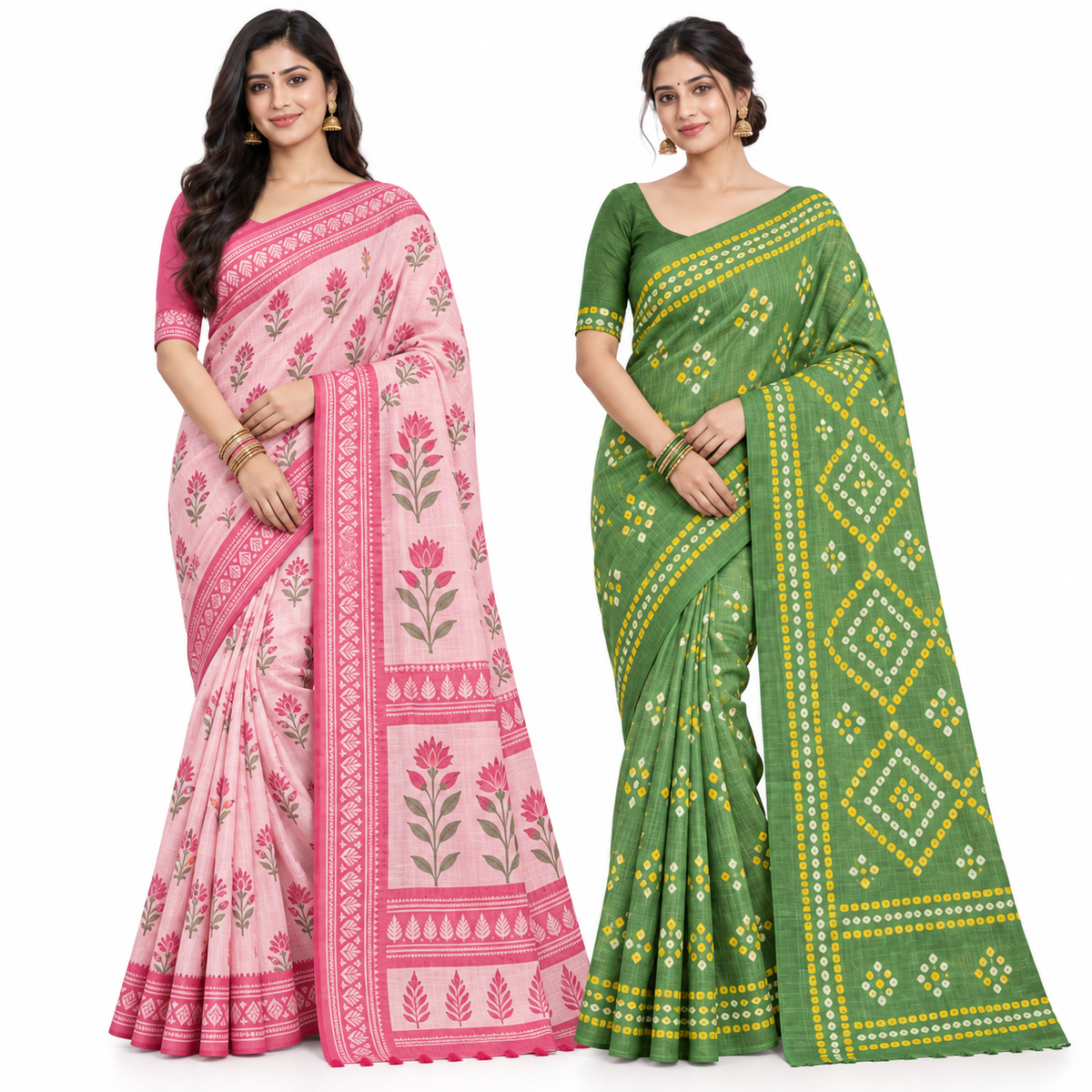 Peachmode Pink and Green Everyday Linen Saree Duo