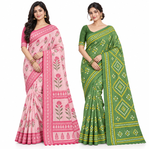 Peachmode Pink and Green Everyday Linen Saree Duo