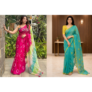 Peachmode Pink Linen Cotton and Green Linen Bandhani Saree Duo
