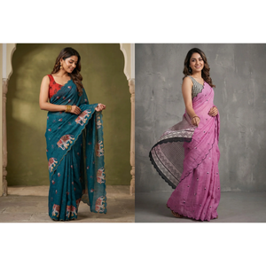 Peachmode Teal and Pink Printed Linen Saree Duo