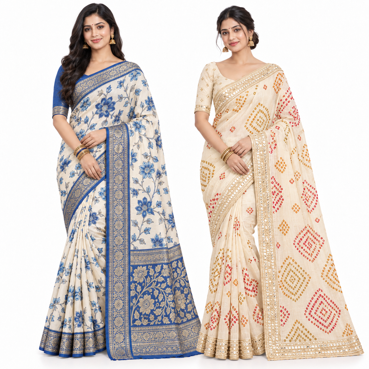 Peachmode White Blue and Cream Dola Saree Duo