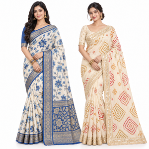 Peachmode White Blue and Cream Dola Saree Duo