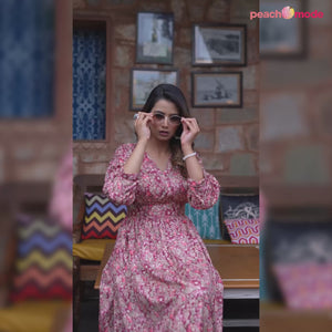 Burgundy Floral Printed Muslin A-line Dress