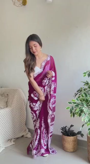 Wine Embroidered Georgette Saree Featuring Ornate Heavy Thread Work
