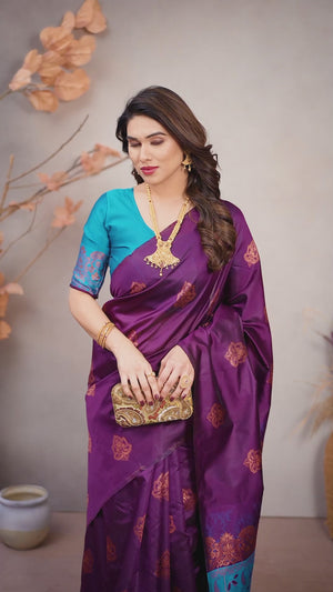 Purple Floral Woven Banarasi Silk Saree