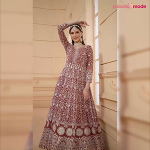 Rust Floral Embroidered Georgette Semi Stitched Anarkali Suit