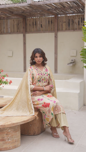 Chikoo Floral Printed Muslin Anarkali Style Salwar Suit With Hand Work