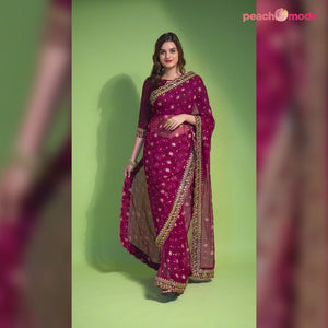 Wine Bandhani Foil Printed Georgette Saree With Embroidered Border
