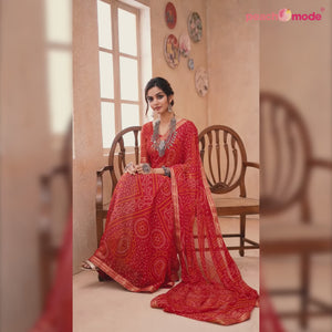 Red Bandhani Printed Chiffon Saree