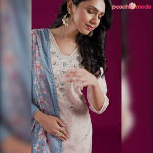 Linen White Floral Embroidered Chanderi Silk Salwar Suit