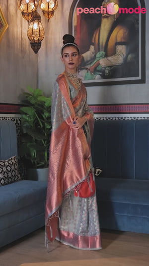 Grey Handloom Zari Woven Tissue Saree