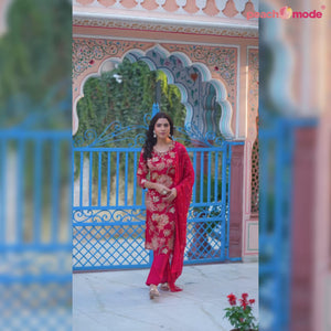 Red Floral Printed Beads Embroidered Crepe Salwar Suit