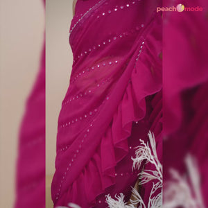 Pink Embroidered Georgette Ruffle Saree
