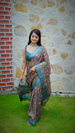 Beautiful GreenTissue Handloom Saree with Detailed Digital Floral Embellishments