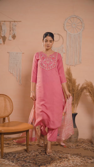 Pink Floral Embroidered Cotton Slub Straight Salwar Suit