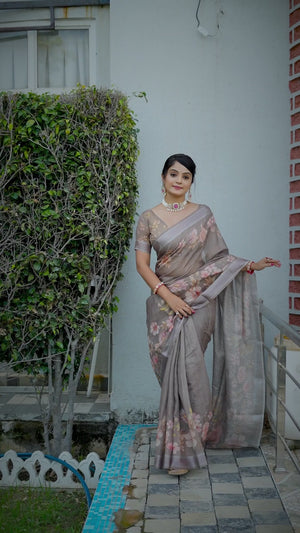 Beautiful Light Brown Tissue Handloom Saree with Detailed Digital Floral Embellishments