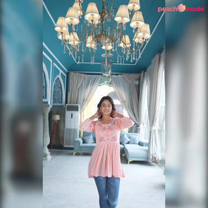 Peach Yoke Embroidered Rayon A-Line Top