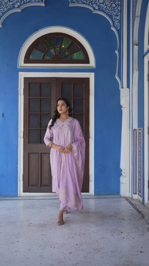 Lavender Floral Embroidered Muslin Anarkali Salwar Suit