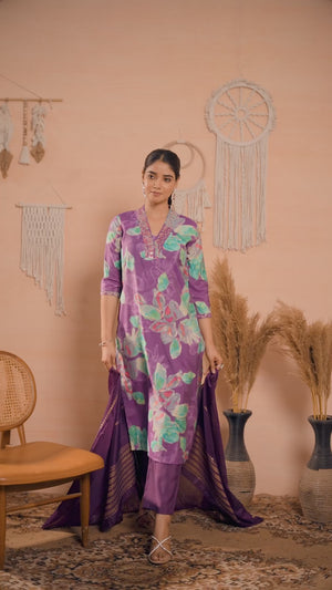 Purple Floral Printed Cotton Silk Straight Salwar Suit
