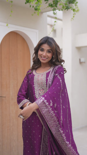 Dark Purple Golden Embroidered Vichitra Silk Salwar Suit